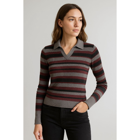 Women’s Striped Ribbed Sweater with Collar – Style & Co. - Picture 1 of 5